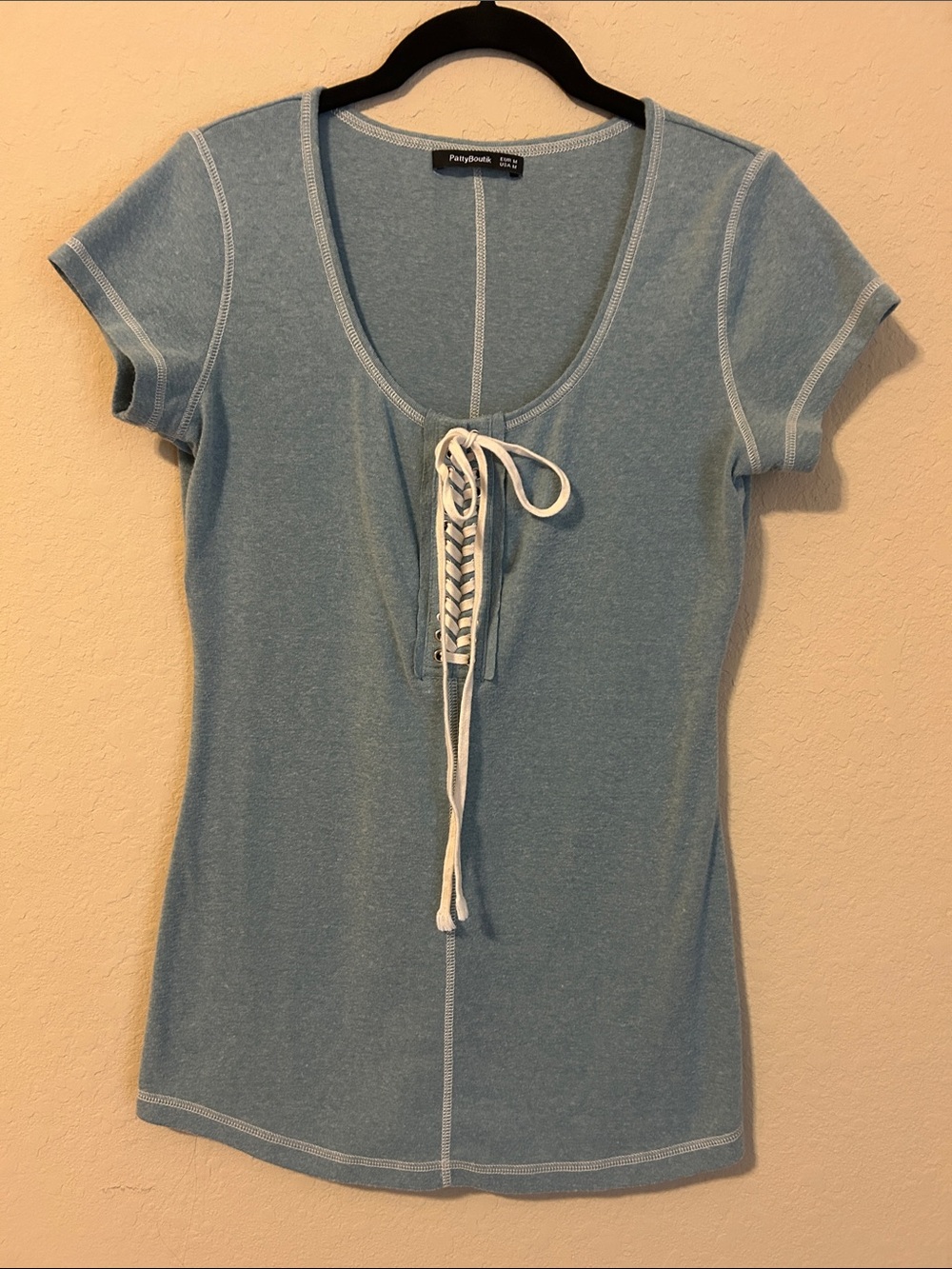 PattyBoutik Light Blue Lace-Up Scoop Neck Short Sleeve Top Size M